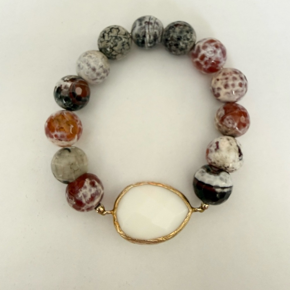 Beaded Agate Stretch Bracelet with White Stone Accent